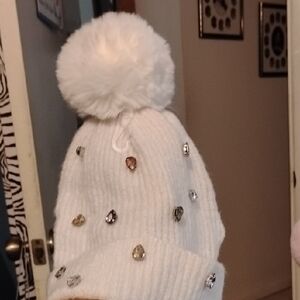INC International Concepts White Beanie with Gem Details Pom Pom
